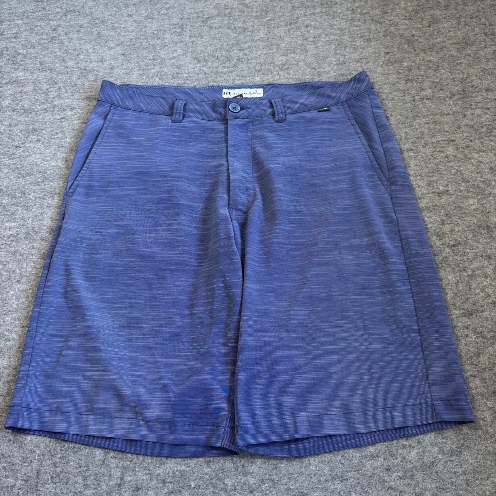 TravisMathew Blue Heathered Golf Shorts Mens 34 Performance Stretch Flat Front
